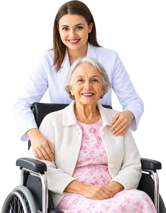 A caregiver standing beside an older woman in a wheelchair